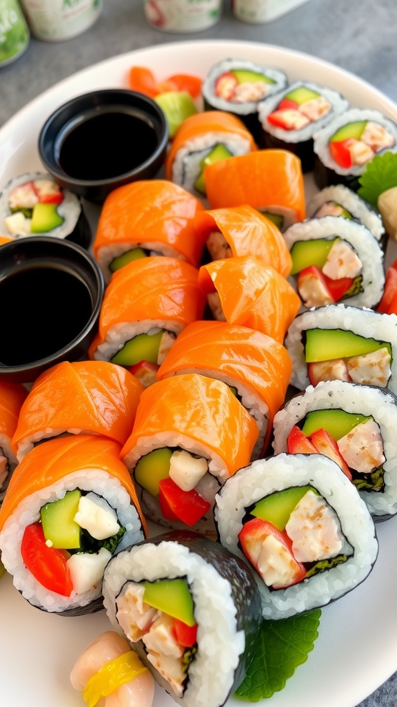 A festive sushi platter with colorful rolls, wasabi, and soy sauce.